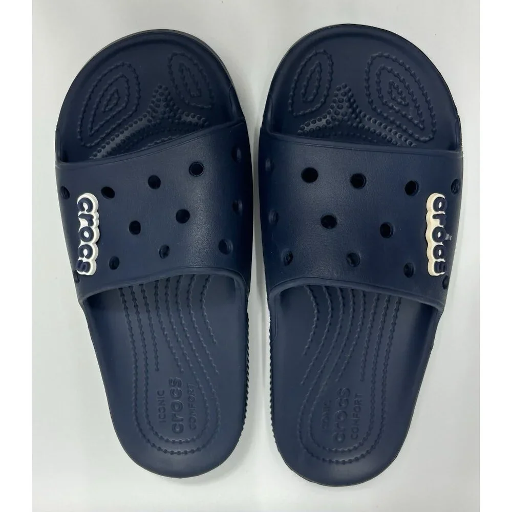 NEW Crocs Classic Slides Sandals M7/W9 Slip On Navy Blue Unisex Croc Logo Charm
